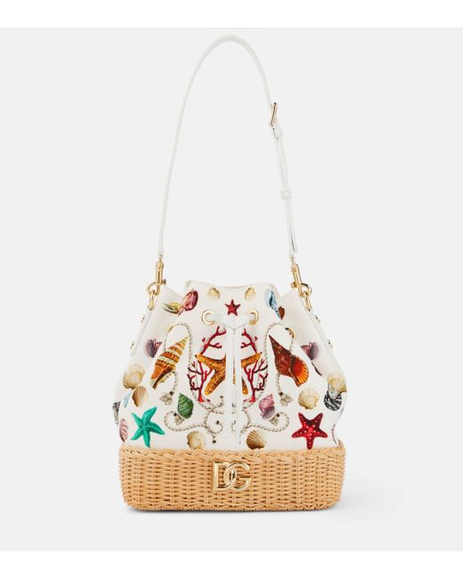 Dolce & Gabbana White Capri Dg Raffia-trimmed Canvas Bucket Bag
