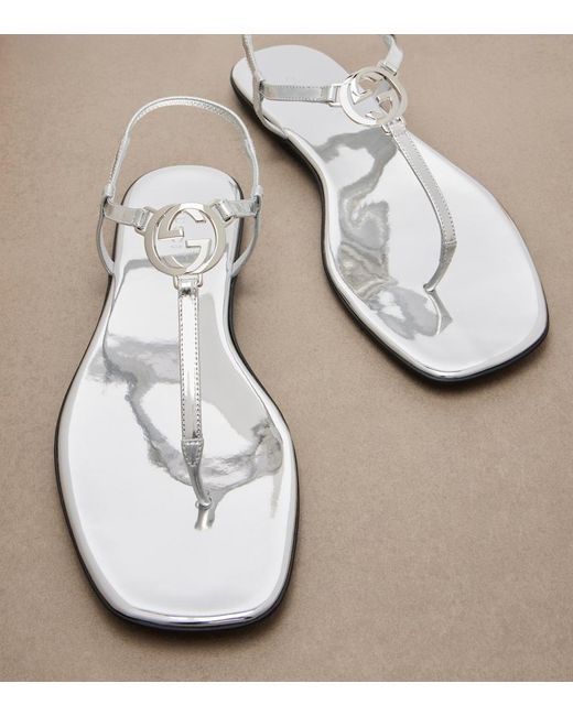Gucci White Interlocking G Metallic Leather Thong Sandals