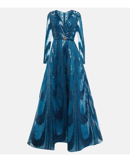 Elie Saab Blue Sequined Belted Gown