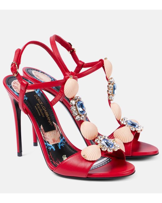 Dolce & Gabbana Red Capri Embellished Leather Sandals