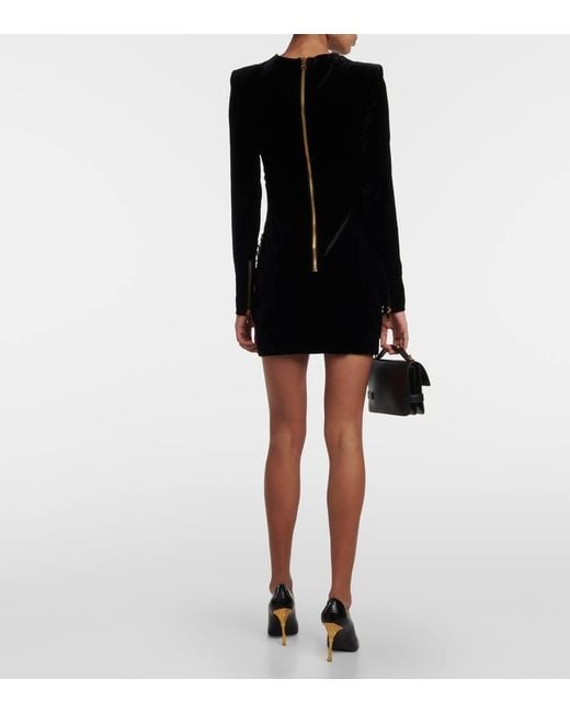 Balmain Black Embellished Velvet Minidress
