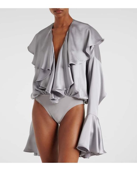 Norma Kamali Gray Ruffled Satin Bodysuit