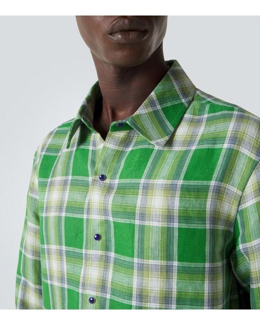 God's True Cashmere Green Harbor Plaid Linen Shirt With Lapis Lazuli for men