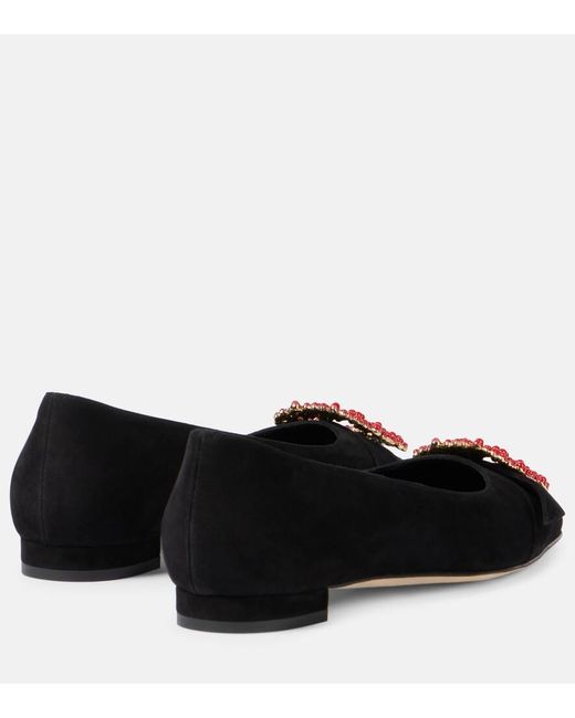 Manolo Blahnik Black Gifla Embellished Suede Ballet Flats