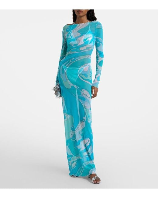 Emilio Pucci Blue Orchidee Sheer Maxi Dress