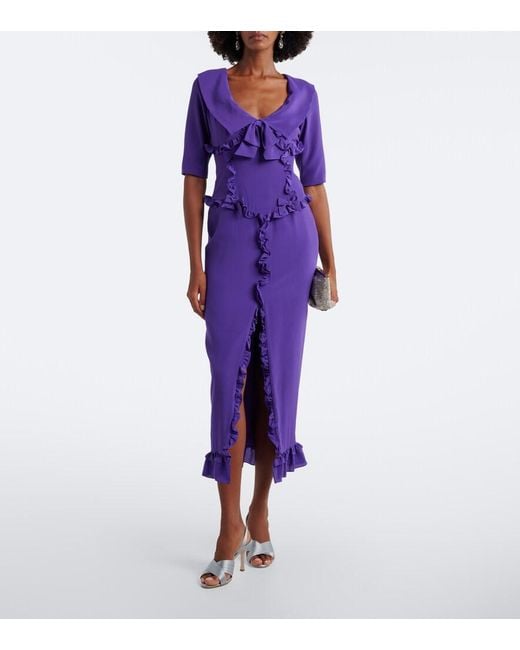 Alessandra Rich Purple Ruffled Silk Crepe De Chine Midi Dress