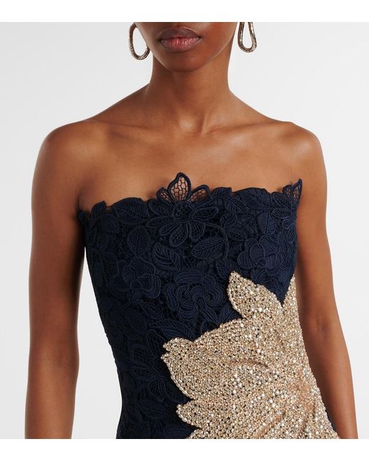 Costarellos Blue Mariela Applique Lace Gown