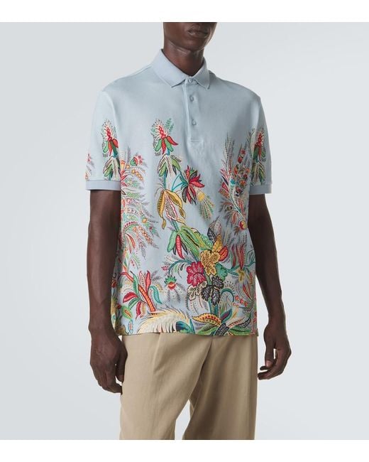 Etro Blue Printed Cotton Pique Polo Shirt for men