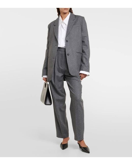 Totême  Gray Pleated Wool-blend Straight Pants