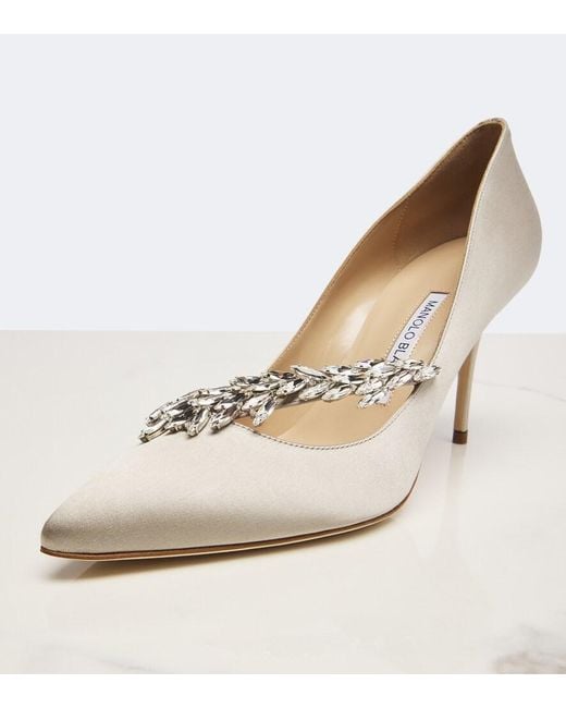 Manolo Blahnik White Nadira Embellished Satin Pumps