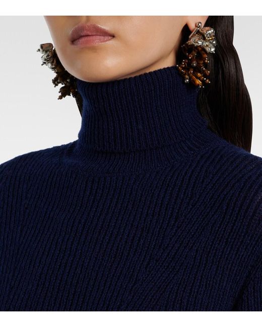 Dries Van Noten Blue Ribbed-Knit Wool Turtleneck Sweater