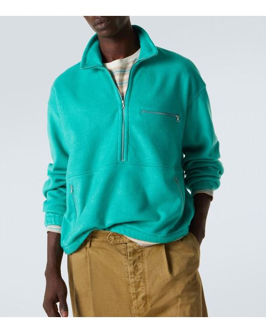 Auralee Green Silk Fleece Half-Zip Sweater for men