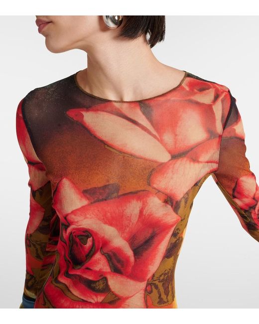Jean Paul Gaultier Red Roses Printed Tulle Midi Dress