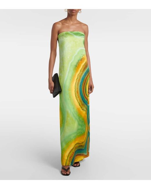ALÉMAIS Green Iris Printed Strapless Maxi Dress
