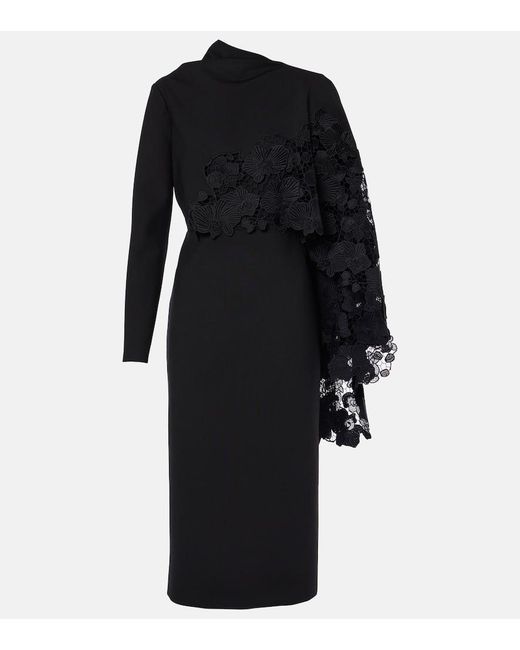 Oscar de la Renta Black Floral Guipure Wool Midi Dress