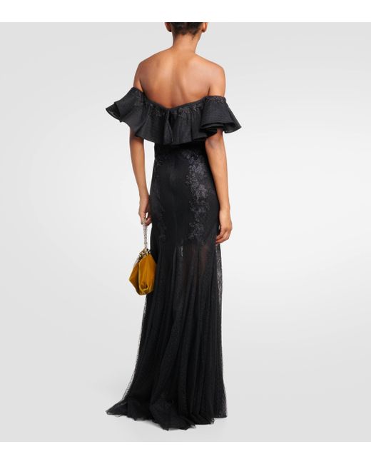 Costarellos Black Ruffled Lace And Tulle Gown