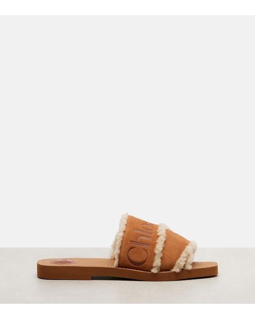 Chloé Brown Woody Logo Suede Slides