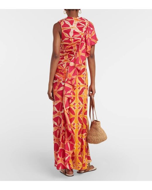 Ulla Johnson Red Lali Ruched Ruffled Printed Silk Gown