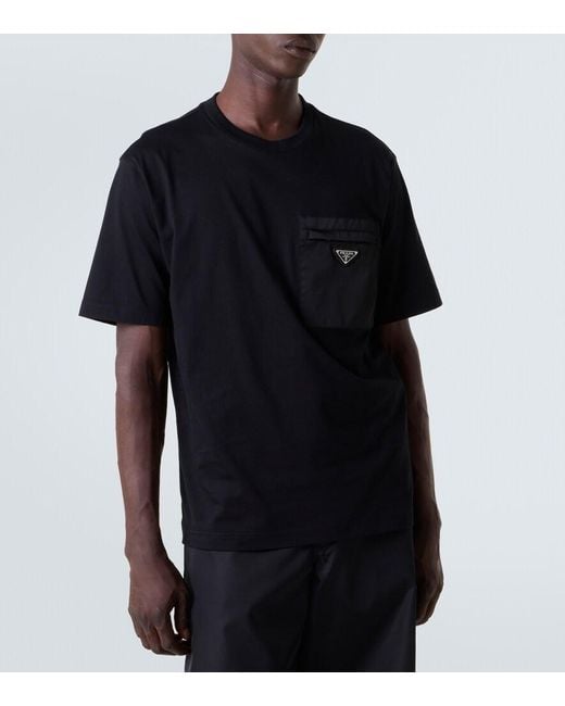 Prada Black Cotton And Re-Nylon Pocket T-Shirt for men