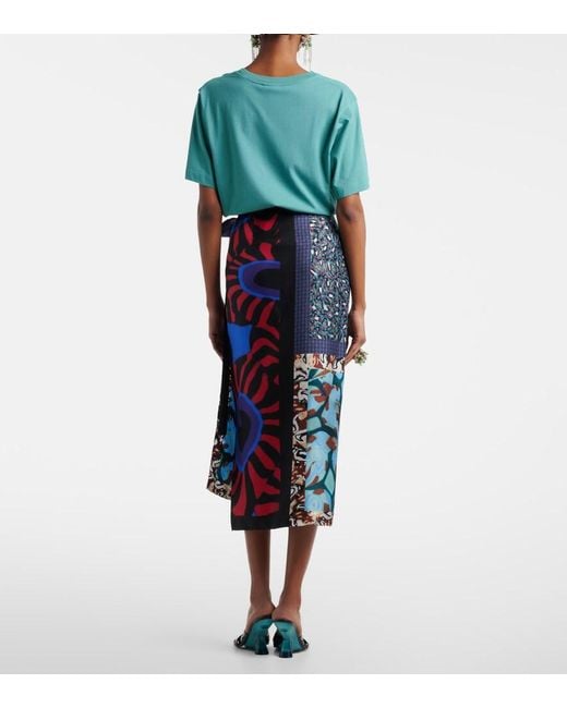 Dries Van Noten Blue Printed Silk Wrap Skirt