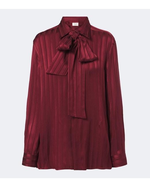 Saint Laurent Red Tie-Neck Striped Silk Jacquard Blouse