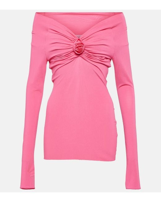 Blumarine Pink Floral-applique Off-shoulder Jersey Top
