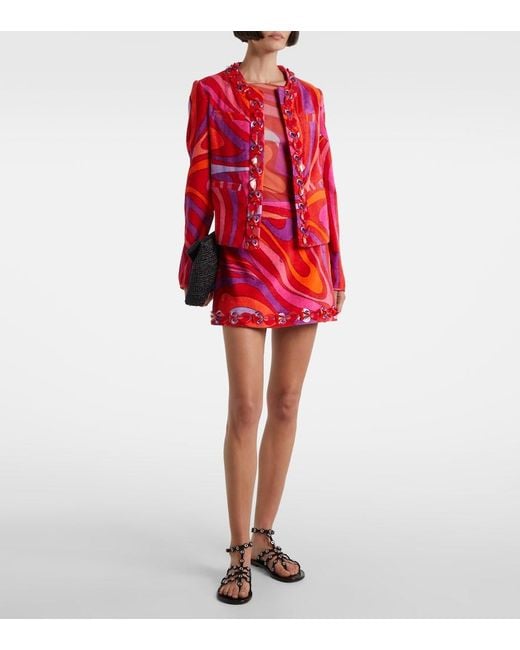 Emilio Pucci Red Marmo Embellished Cotton Terry Miniskirt