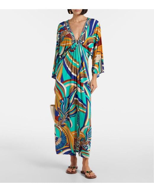 Camilla Blue Draped Printed Jersey Maxi Dress