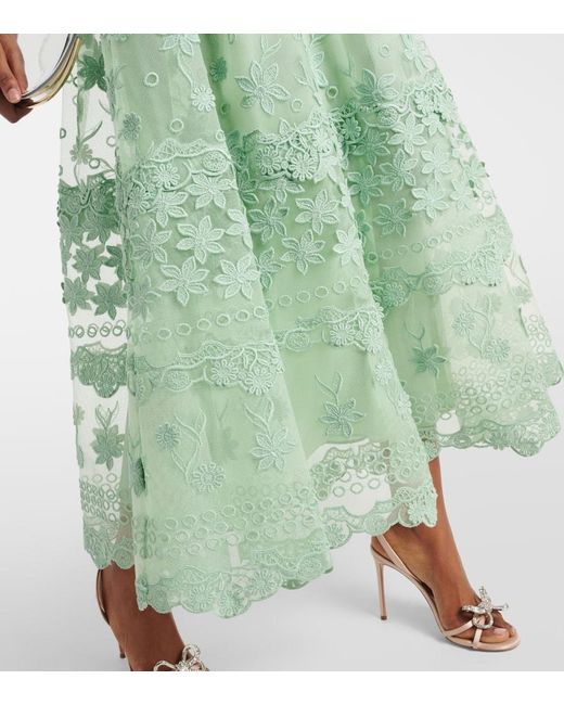 Vestido midi en mezcla de seda floral Elie Saab de color Green
