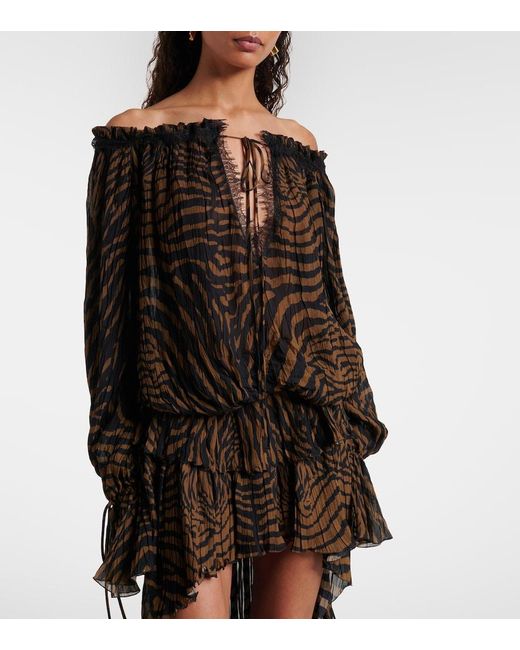 Blumarine Black Lace-Trimmed Zebra-Print Chiffon Top