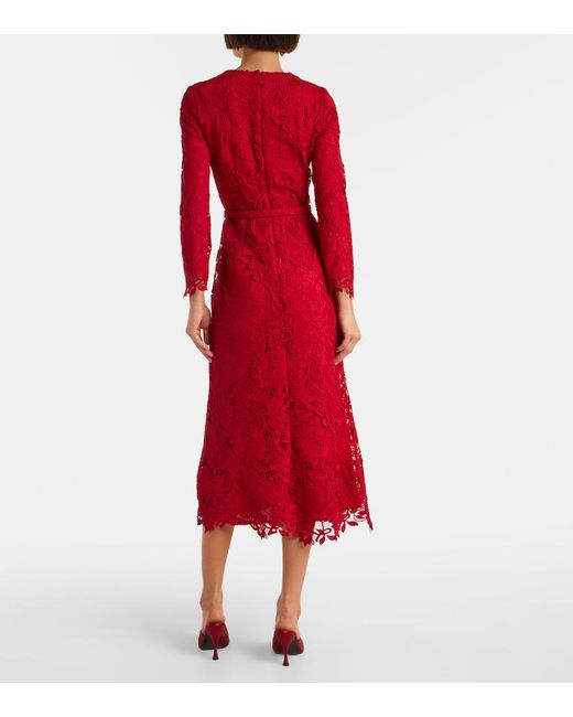 Monique Lhuillier Red Belted Lace Midi Dress