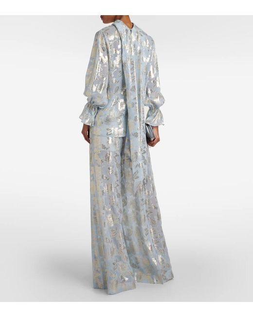 Nina Ricci Blue Floral Silk-blend Jacquard Blouse