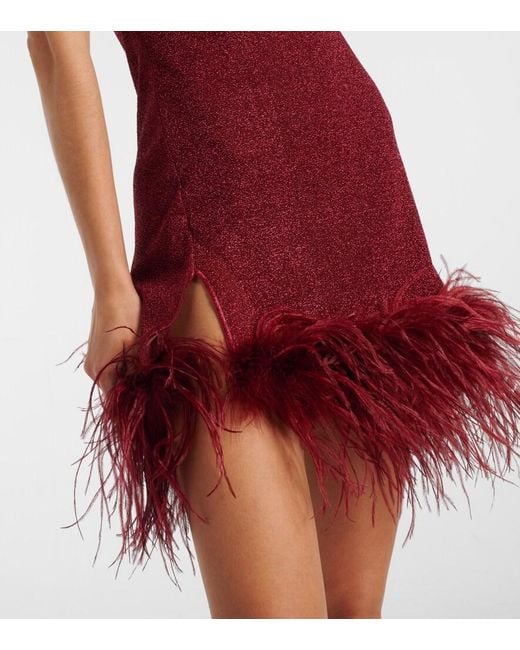 Oseree Red Lumiere Feather-Trimmed Minidress