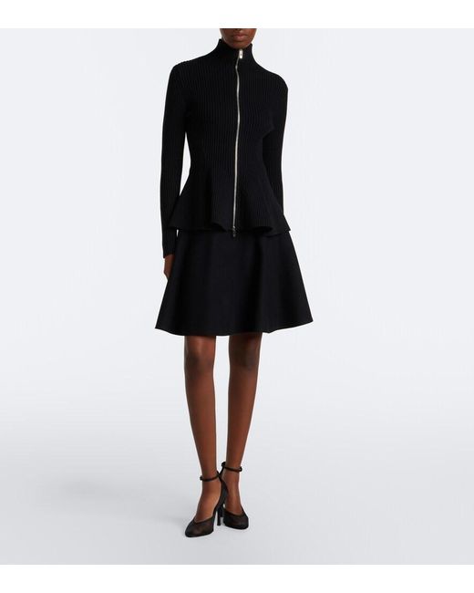 Alaïa Black Peplum Wool-Blend Zip-Up Cardigan