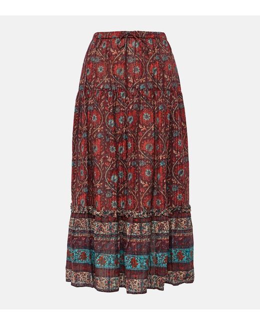 Ulla Johnson Red Paige Printed Cotton-Blend Midi Skirt
