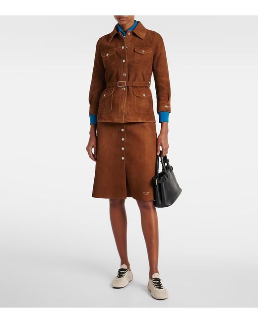 Prada Brown Belted Suede Midi Skirt