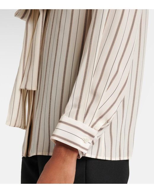 Nili Lotan Natural Angelique Tie-Neck Striped Silk Blouse
