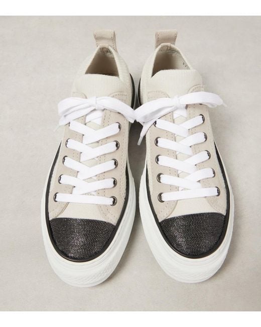 Brunello Cucinelli Natural Sneakers Aus Stretch-Strick Mit Velourslederbesätzen Und Zierperlen
