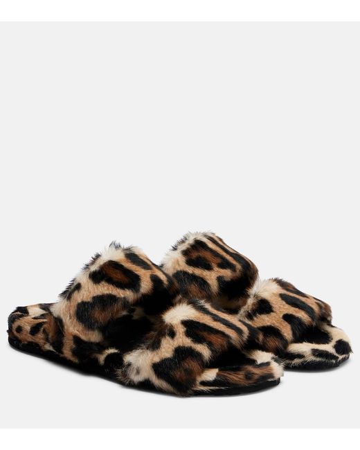Dolce & Gabbana Black Leopard-Print Shearling Slides