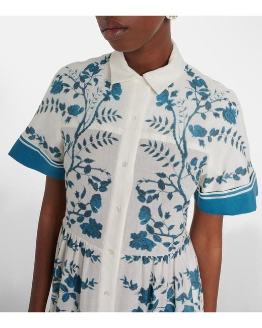 Erdem Blue Floral Cotton And Linen Tiered Shirt Dress