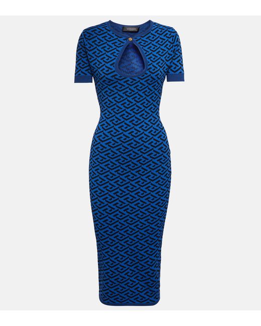 Versace Blue La Greca Keyhole Midi Dress