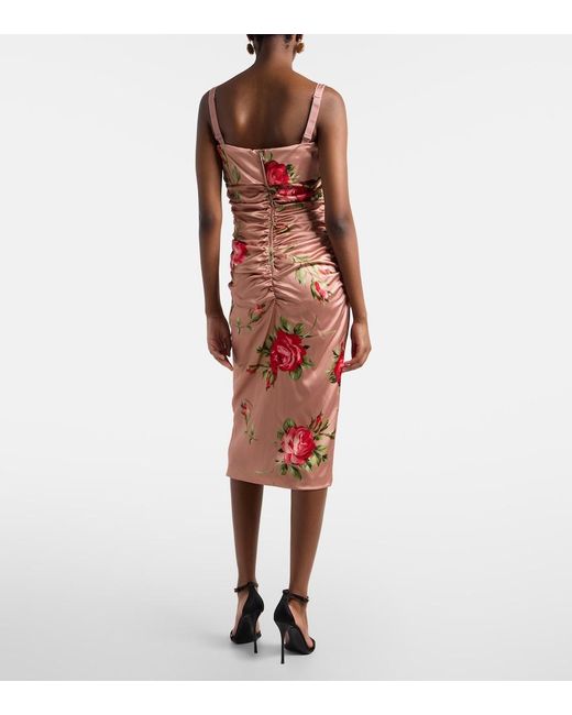 Dolce & Gabbana Red Floral Satin Midi Dress