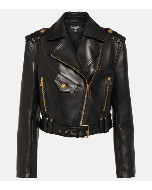 Balmain Black Cropped Leather Biker Jacket