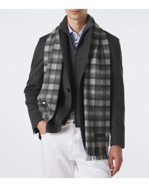 Zegna White Checked Fringed Cashmere Scarf for men