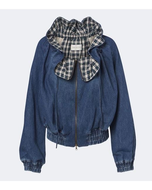 Dries Van Noten Blue Checked Ruffled Denim Jacket