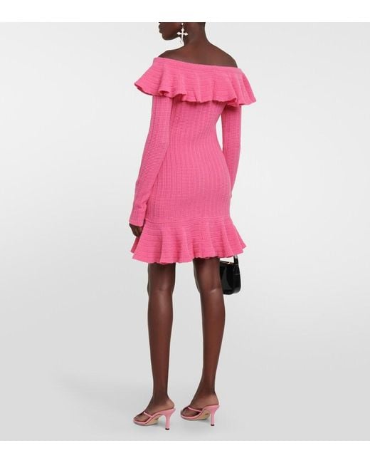 Blumarine Pink Off-Shoulder Ruffled Wool Minidress