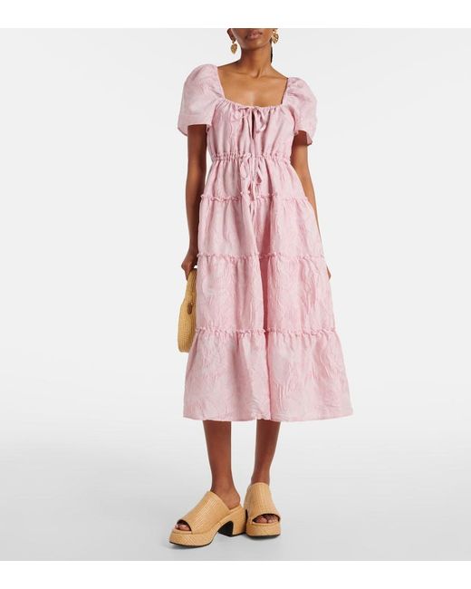 Ganni Pink Textured Cloqué Tiered Maxi Dress