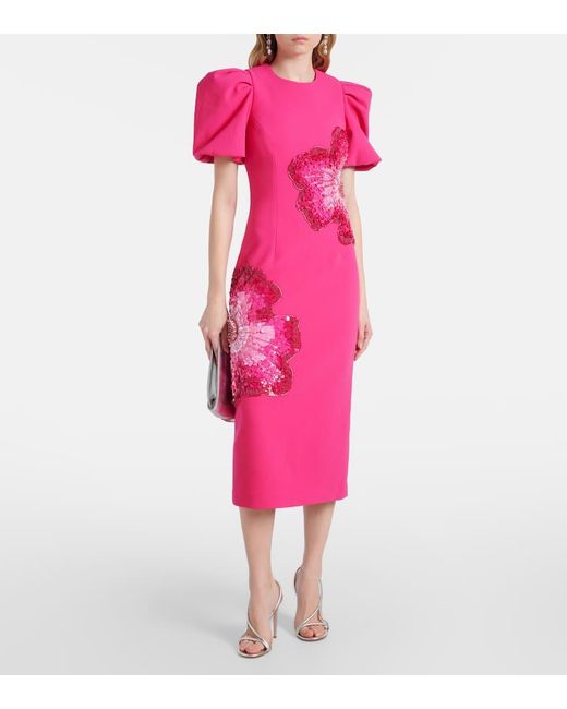 Rebecca Vallance Pink Layana Puff-Sleeve Embellished Midi Dress