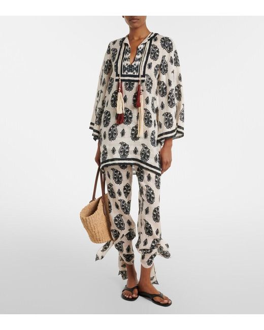 Johanna Ortiz White Printed Linen Wide-Leg Pants