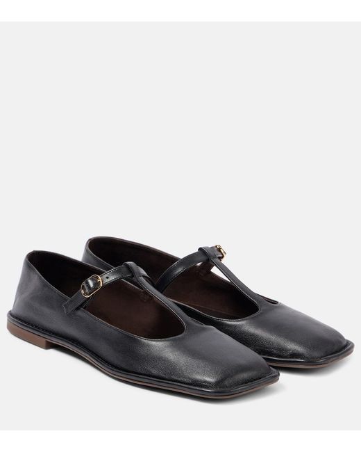 The Row Square T-Strap Leather Flats in Black | Lyst